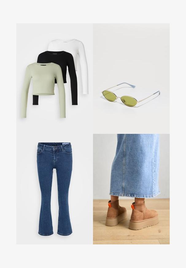 Even&Odd Petite 3 PACK - Topper langermet - black/white/light green; Mørkeblå denimflared bukser med fem lommer, glidelås og subtile sømdetaljer. Stoffet virker glatt og slitesterkt.; Brune semska plattformstøvler med elastiske sidepaneler og orange rekkehalser, parret med en knelange lys denimskjørt på et tregulv.; Olivengrønne solbriller med en tynd guldramme og blå accenter på stængerne. Ovale linser og minimalistisk design.