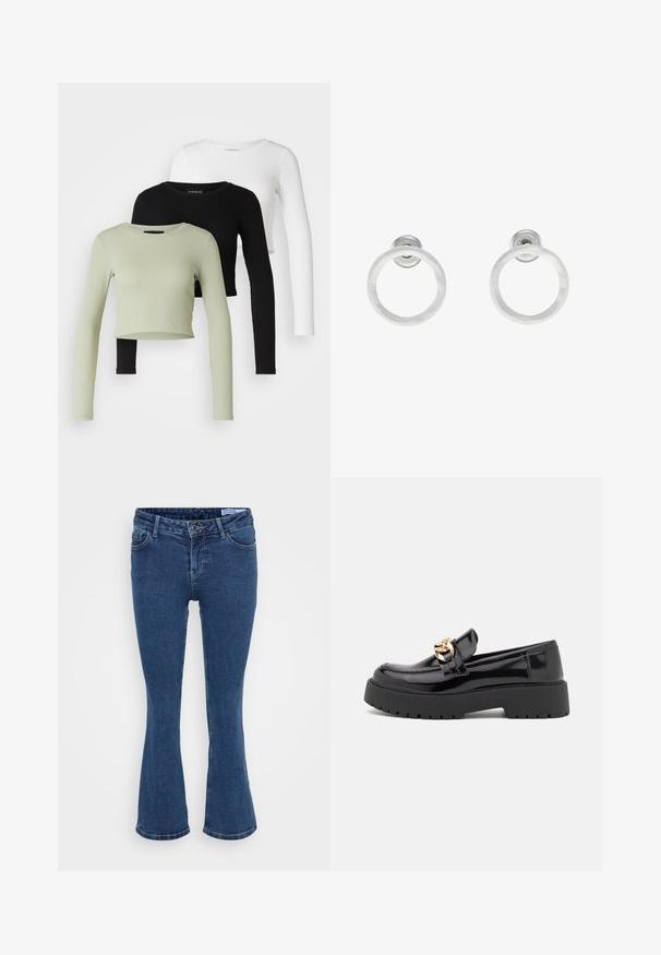 Even&Odd Petite 3 PACK - Top s dlouhým rukávem - black/white/light green; Tmavě modré denimové zvonové džíny s pěti kapsami, zapínáním na zip a jemnými prošívacími detaily. Látka vypadá hladce a odolně.; Černé lakované kožené polobotky s masivní černou podešví a zlatými detaily. Hladký povrch a design s zaoblenou špičkou.; Stříbrné kovové kruhové náušnice s broušenou texturní úpravou, s kulatým designem a průhledným záznamem pro bezpečné nošení.