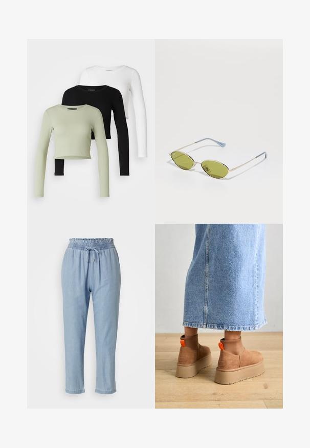 Even&Odd Petite 3 PACK - Pitkähihainen paita - black/white/light green; Vaaleansiniset, kevyet pellavasekoitetut housut, joissa on joustava vyötärö ja nyöri, kapenevat lahkeet ja kääritty helma.; Ruske mokasine z platformo in elastiko na straneh ter oranžnimi zategovalnimi trakovi, v kombinaciji z osnovno dolžino svetle denim krila na lesenem podu.; Aurinkolasit oliivinvihreällä värillä, ohuella kultakehyksellä ja sinisillä yksityiskohdilla varustetuilla penseillä. Soikeat linssit ja minimalistischinen muotoilu.