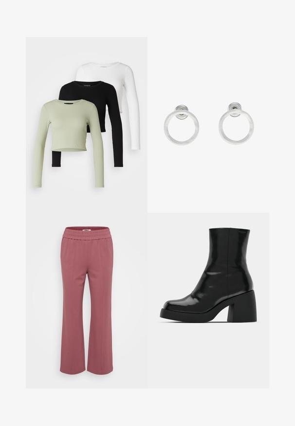 Even&Odd Petite 3 PACK - Majica z dolgimi rokavi - black/white/light green; Prilegajoče, lahke hlače v prašno rožnati barvi. Imajo elastičen pas in široke, ravne noge. Mehka tkanina brez vidnih vzorcev.; Črne gležnjarje z sijajno površino, kvadratnim nosom in debelim blokskim peto. Oblikovanje izstopa s brezšivno silhueto in minimalnim logotipiranjem.; Srebrni kovinski obročasti uhani z brušenjem, s krožno obliko in prozornim zatičem za varno nošenje.