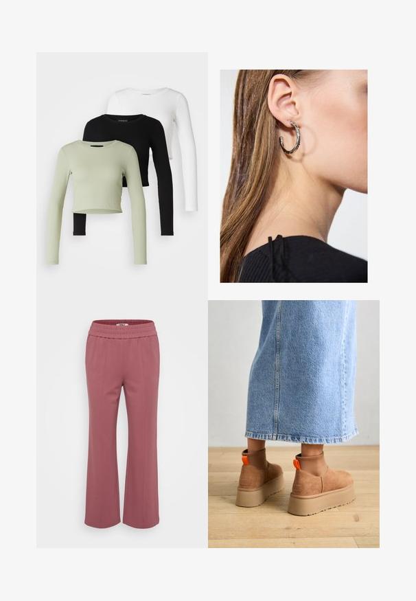 Even&Odd Petite 3 PACK - Ilgarankovis viršutinės dalies drabužis - black/white/light green; Tinkami, lengvi kelnės dulkėtos rožinės spalvos. Visoje juosmens srityje elastinė juosta ir plačios, tiesios kojos. Minkšta medžiaga be matomų raštų.; Rudos zomšiniai platforminiai batai su elastingomis šoniniais panirais ir oranžinėmis kilpomis, derinami su kelio ilgio šviesių džinsų sijonu ant medinių grindų.; Sidabrinė lankinė auskarai su poliruotu paviršiumi, turintys mažus auksinius akcentus ir apvalią formą, dėvimi ant ausies kaušelio.