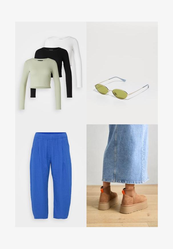 Even&Odd Petite 3 PACK - Tops ar garām piedurknēm - black/white/light green; GAP Petite WIDE LEG EASY - Auduma bikses - dazzling blue; Brūni zamšādas platforma zābaki ar elastīgiem sānu paneļiem un oranžām cilpām, apvienoti ar līdz ceļgaliem garu gaišā denima svārku uz koka grīdas.; Olīvu zaļi saulesbrilles ar plānu zelta rāmi un zila akcenta kājām. Ovali lēcas un minimālisma dizains.