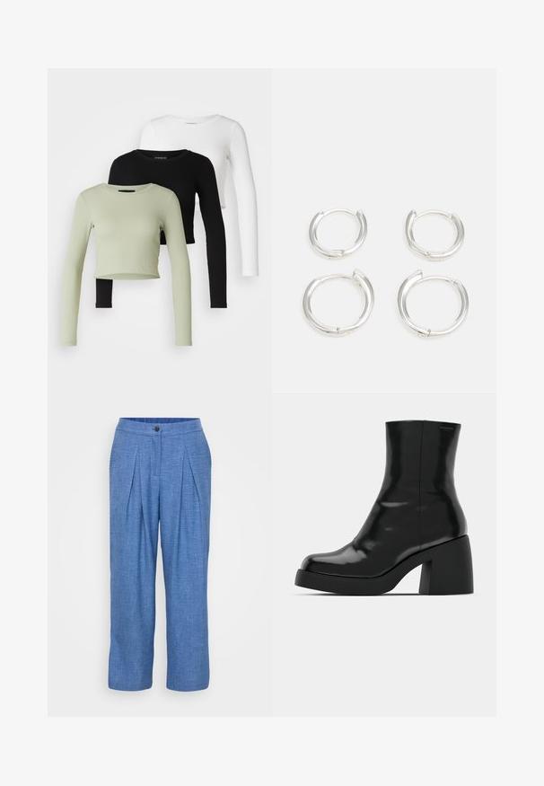 Even&Odd Petite 3 PACK - Long sleeved top - black/white/light green; Blue, textured linen trousers featuring a pleated design, a button closure, and a relaxed fit with wide legs.; Black ankle boots with a glossy finish, square toe, and a thick block heel. The design features a seamless silhouette and minimal branding.; Silver hoop earrings, featuring a smooth, polished finish. Two pairs with a slightly different size. Simple, circular design, lightweight.