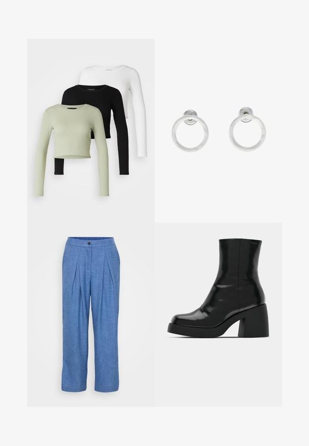 Even&Odd Petite 3 PACK - Langarmshirt - black/white/light green; Blaue, strukturierte Leinenhosen mit einer gefältelten Optik, einem Knopfverschluss und einem lockeren Schnitt mit weiten Beinen.; Schwarze Stiefeletten mit glänzender Oberfläche, quadratischer Zehenpartie und dicker Blockabsatz. Das Design zeichnet sich durch eine nahtlose Silhouette und minimalistische Markenkennzeichnung aus.; Silberne Metall-Hoops Ohrringe mit gebürsteter Oberfläche, die ein kreisförmiges Design aufweisen und mit einem klaren Steckverschluss für einen sicheren Halt ausgestattet sind.