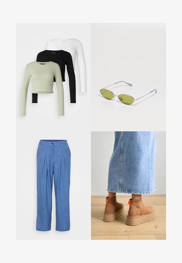 Even&Odd Petite 3 PACK - Långärmad tröja - black/white/light green; Blå, strukturerade linbyxor med veckdesign, knappstängning och avslappnad passform med vida ben.; Bruna mockakängor med plattform och elastiska sidopaneler samt orange dragflikar, till kombinerade med en knälång ljus denimkjol på ett trägolv.; Olivgröna solglasögon med en tunn guldram och blåaccentuerade skalmar. Ovala linser och minimalistisk design.