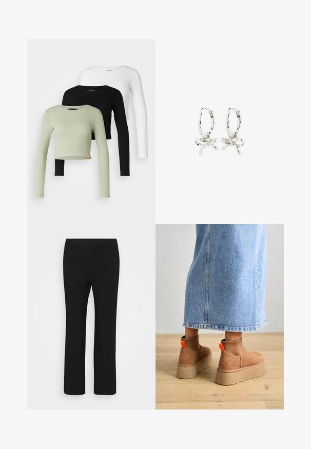 Even&Odd Petite 3 PACK - Tops ar garām piedurknēm - black/white/light green; Melnas bikses ar taisnu kāju dizainu, izgatavotas no gluda auduma. Iezīmē platu jostasvietu un bez redzamām kabatām. Minimalistiska stila.; Brūni zamšādas platforma zābaki ar elastīgiem sānu paneļiem un oranžām cilpām, apvienoti ar līdz ceļgaliem garu gaišā denima svārku uz koka grīdas.; Sudraba auskari ar gredzenu formu un saites dizainu, ar gludu apdari un pulētu tekstūru. Kompakts, minimālisma stils, kas piemērots dažādām reizēm.