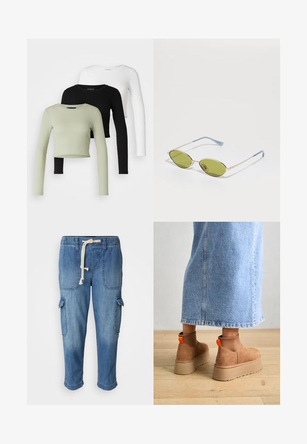 Even&Odd Petite 3 PACK - Topper langermet - black/white/light green; Blå denim cargo bukser med justerbar talje, sidelommer og opsmøgede manchetter, med en blød, struktureret finish.; Brune semska plattformstøvler med elastiske sidepaneler og orange rekkehalser, parret med en knelange lys denimskjørt på et tregulv.; Olivengrønne solbriller med en tynd guldramme og blå accenter på stængerne. Ovale linser og minimalistisk design.