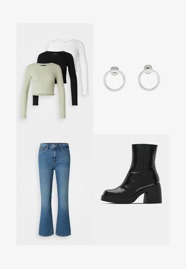 Even&Odd Petite - Bluzka z długim rękawem; Niebieskie dżinsy typu flare z średnim stanem, pięcioma kieszeniami i widocznym przeszyciem. Gładka tekstura i klasyczny krój z lekkim wyblaknięciem.; Czarne botki za kostkę o błyszczącej wykończeniu, kwadratowym czubku i grubym słupkowym obcasie. Projekt charakteryzuje się bezszwową sylwetką i minimalną marką.; Srebrne metalowe kolczyki w kształcie obręczy z matową teksturą, z okrągłym wzorem i przezroczystym zapięciem typu post, zapewniającym bezpieczne noszenie.