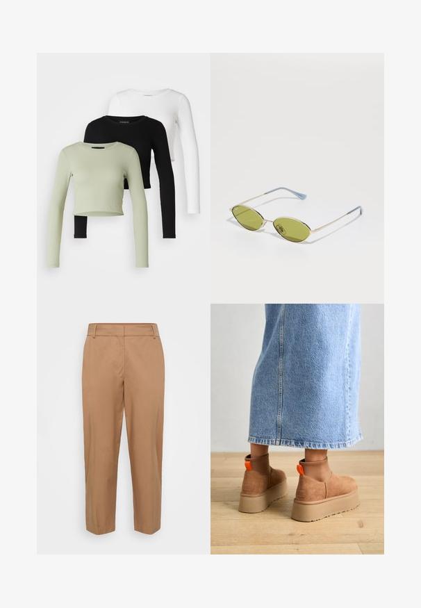 Even&Odd Petite - Bluzka z długim rękawem; Beżowe spodnie wykonane z gładkiego materiału, z prostym krojem nogawek, ukośnymi kieszeniami z przodu oraz czystym wykończeniem bez widocznych zapięć.; Brązowe zamszowe buty na platformie z elastycznymi bokami i pomarańczowymi uchwytami, w połączeniu z jasnoniebieską spódnicą do kolan na drewnianej podłodze.; Oliwkowe okulary przeciwsłoneczne z cienką złotą ramką i niebieskimi akcentami na zausznikach. Owalne soczewki i minimalistyczny design.