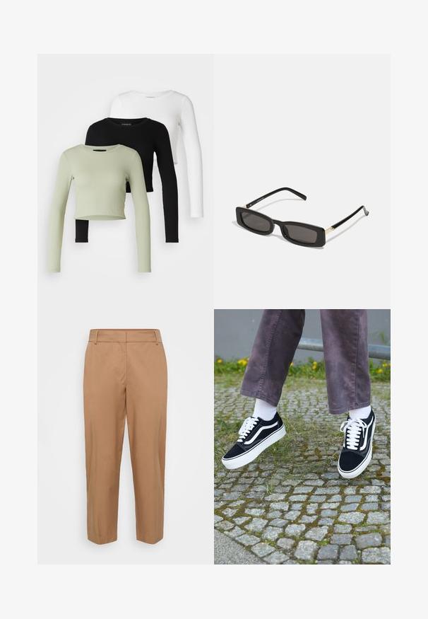 Even&Odd Petite 3 PACK - Pikkade varrukatega topp - black/white/light green; Sile pruunid püksid siledast kangast, sirge lõikega, kaldenurgaga eesmistest taskutest ning puhta viimistlusega, kus ei ole nähtavaid sulge.; Mustad nubukist spordijalatsid valgete detailidega, millel on ümar nina, paks valge tald ja klassikaline sidumise disain, kantud valgete sokkide ja lilla pükste juurde.; Mustad ristkülikukujulised prillid tumedate läätsedega, läikivad plastraamid ja kuldsed aktsendid templites. Minimalistlik disain ja voolujooneline kuju.; Kuldne rõngassõrmused sileda ja läikiva viimistlusega. Ringikujuline disain, millel on väike post ja selge tagumine külg, et tagada kindel kandmine.