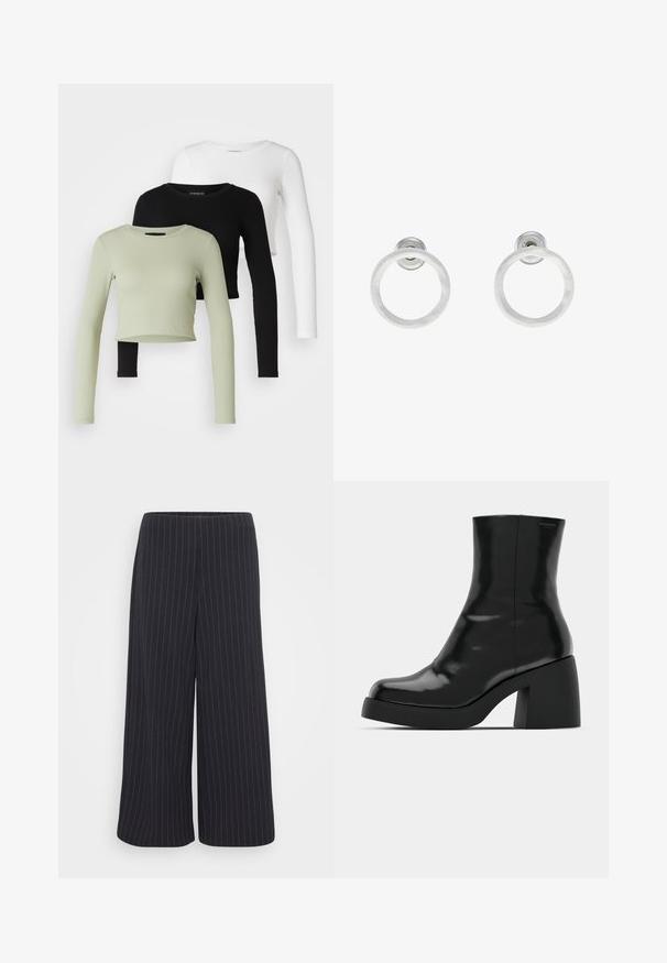 Even&Odd Petite 3 PACK - Majica z dolgimi rokavi - black/white/light green; Črne široke hlače z belim črtastim vzorcem. Narejene iz gladkega materiala, z visokim pasom in brez vidnih zakovic.; Črne gležnjarje z sijajno površino, kvadratnim nosom in debelim blokskim peto. Oblikovanje izstopa s brezšivno silhueto in minimalnim logotipiranjem.; Srebrni kovinski obročasti uhani z brušenjem, s krožno obliko in prozornim zatičem za varno nošenje.
