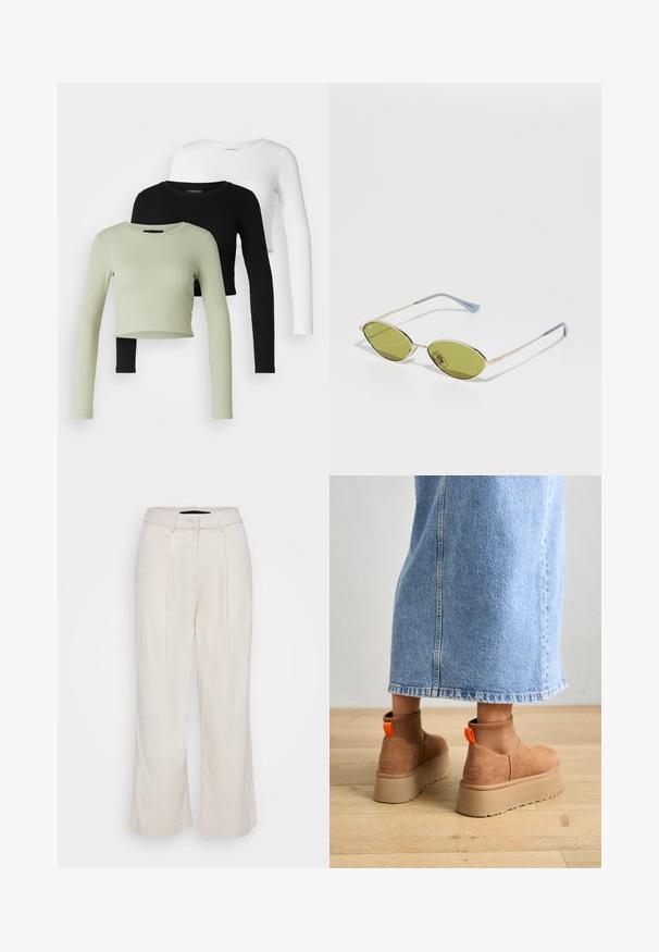 Even&Odd Petite 3 PACK - T-shirt à manches longues - black/white/light green; Pantalons en lin beige avec une taille haute, un devant plissé et des jambes larges. Présente un design épuré et un tissu texturé pour la respirabilité.; Bottes en suède brun à plateforme avec des panneaux latéraux élastiques et des languettes orange, associées à une jupe en denim clair arrivant au genou sur un sol en bois.; Lunettes de soleil vert olive avec une fine monture dorée et des branches accentuées de bleu. Verres ovales et design minimaliste.