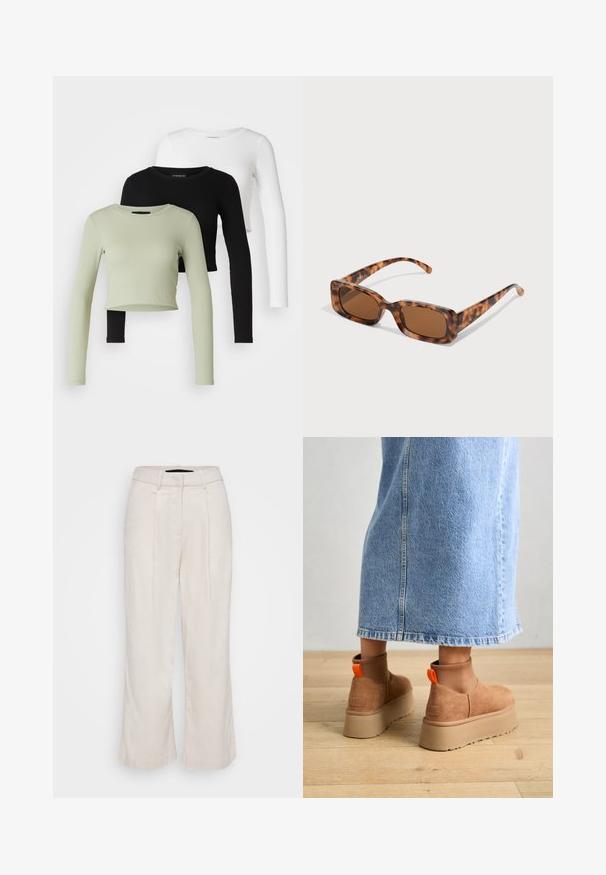 Even&Odd Petite 3 PACK - Camiseta de manga larga - black/white/light green; Pantalones de lino beige con cintura alta, frente plisado y piernas anchas. Presenta un diseño limpio y un tejido texturizado para mayor transpirabilidad.; Botas de plataforma de ante marrón con paneles laterales elásticos y tiradores naranjas, combinadas con una falda de mezclilla ligera hasta la rodilla sobre un suelo de madera.; Gafas de sol de carey con lentes marrones rectangulares, un marco grueso y patillas delgadas que presentan un patrón de diferentes tonos de marrón.; Pendientes de aro de plata con un acabado liso y pulido. Forma redonda y cierre de click seguro. Diseño ligero adecuado para el uso diario.