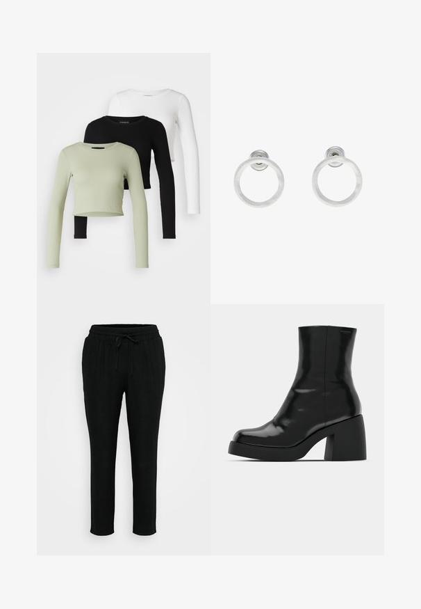 Even&Odd Petite 3 PACK - Tops ar garām piedurknēm - black/white/light green; Melni, brīvi pieguļoši bikses, izgatavotas no mīksta auduma, ar elastīgu jostu un izvēršamu komplektu, kā arī sašaurinātiem piedurknēm. Nav redzamu rakstu vai akcentu.; Melnas potītes zābaku ar spīdīgu apdari, kvadrātveida pirkstu un biezu bloku papēdi. Dizainā ir bezšuvju siluets un minimāla zīmola identitāte.; Sudraba metāla gredzenveida auskari ar matētu faktūru, ar apaļu dizainu un caurspīdīgu aizdari, lai nodrošinātu drošu valkāšanu.