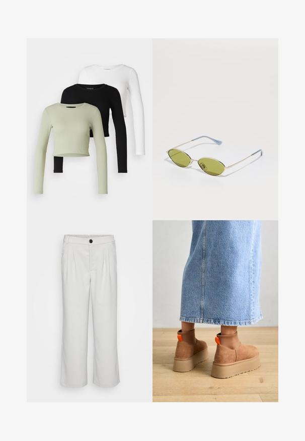 Even&Odd Petite 3 PACK - Ilgarankovis viršutinės dalies drabužis - black/white/light green; Balti, plačios kojinės kelnės, pagamintos iš lygios medžiagos, su klostėmis priekyje ir elastingu juosmeniu su mygtuko uždarymu.; Rudos zomšiniai platforminiai batai su elastingomis šoniniais panirais ir oranžinėmis kilpomis, derinami su kelio ilgio šviesių džinsų sijonu ant medinių grindų.; Alyvos spalvos saulės akiniai su plonu auksiniu rėmu ir mėlynais akcentuotais šonais. Ovalūs objektyvai ir minimalistiškas dizainas.