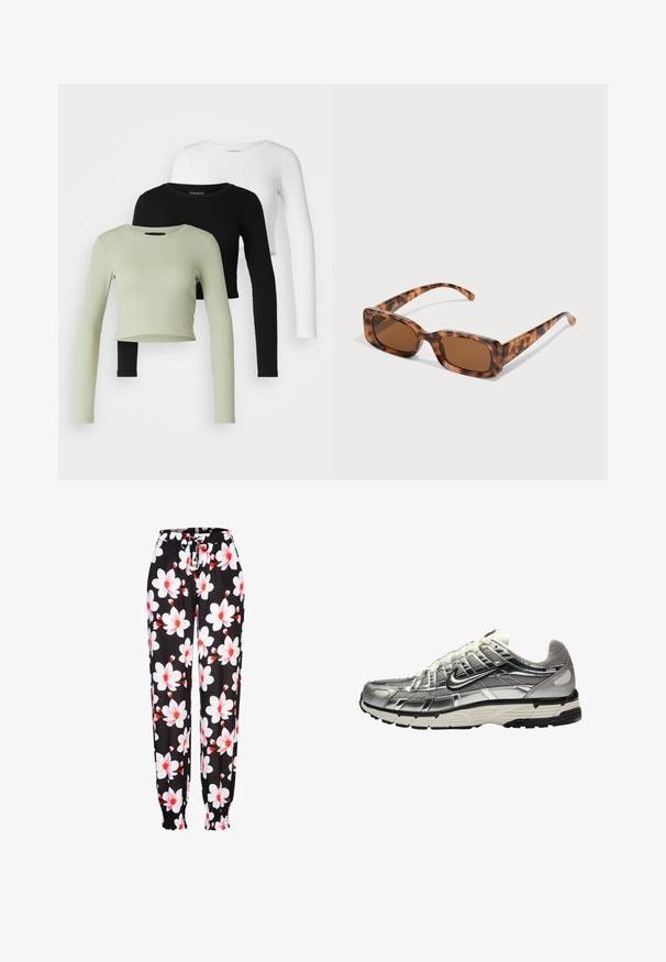 Even&Odd Petite 3 PACK - Tops ar garām piedurknēm - black/white/light green; Melni auduma bikses ar baltu un sarkanu ziedu rakstu, elastīga josta ar aukliņu un sakrautas aproces. Viegls materiāls.; Suds un melnas sporta kurpes ar acs un sintētisku augšdaļu, apjomīgs dizains un teksturēta apdare. Iezīmējas ar mīkstinātu apkakli un gumijas zoli.; Tortoiseshell saulesbrilles ar taisnstūrveida brūniem stikliem, biezs rāmis un plānas kājas ar dažādu brūnu toņu rakstu.; Sudraba auskari ar gredzenu formu un saites dizainu, ar gludu apdari un pulētu tekstūru. Kompakts, minimālisma stils, kas piemērots dažādām reizēm.