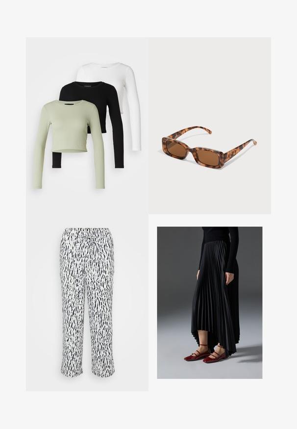 Even&Odd Petite 3 PACK - Long sleeved top - black/white/light green; Soft, lightweight pants in white with a navy abstract pattern. Features an elastic waistband with a drawstring for adjustable fit.; Black pleated skirt with a high-low hem, paired with glossy red flats featuring a strap design. The fabric has a smooth texture.; Tortoiseshell sunglasses with rectangular brown lenses, a thick frame, and slim arms featuring a pattern of varying shades of brown.