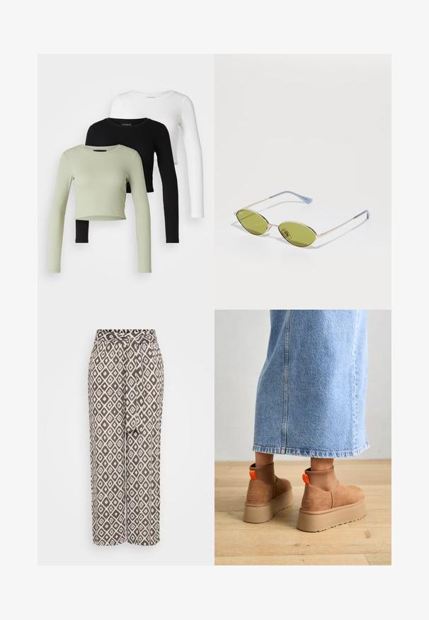 Even&Odd Petite 3 PACK - Long sleeved top - black/white/light green; Brown patterned trousers with a geometric diamond print in white, featuring a tied waistband and wide-leg design. Soft fabric texture.; Brown suede platform boots with elastic side panels and orange pull tabs, paired with a knee-length light denim skirt on a wooden floor.; Olive green sunglasses with a thin gold frame and blue-accented arms. Oval lenses and minimalistic design.