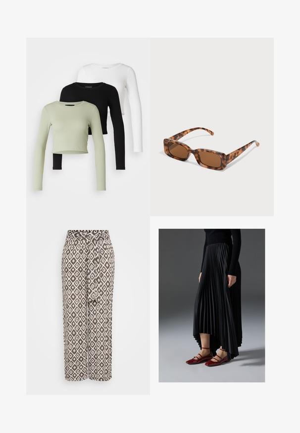 Even&Odd Petite 3 PACK - Tops ar garām piedurknēm - black/white/light green; Brūni rakstainie bikses ar ģeometrisku dimanta druku baltā krāsā, ar sasietu jostasvietu un plaša kāju dizainu. Mīksta auduma tekstūra.; Melna plisēta kleita ar augstu priekšpusi un zemāku aizmuguri, saskaņota ar spīdīgām sarkānām dzīvokļa kurpēm ar siksnu dizainu. Audumam ir gluda tekstūra.; Tortoiseshell saulesbrilles ar taisnstūrveida brūniem stikliem, biezs rāmis un plānas kājas ar dažādu brūnu toņu rakstu.