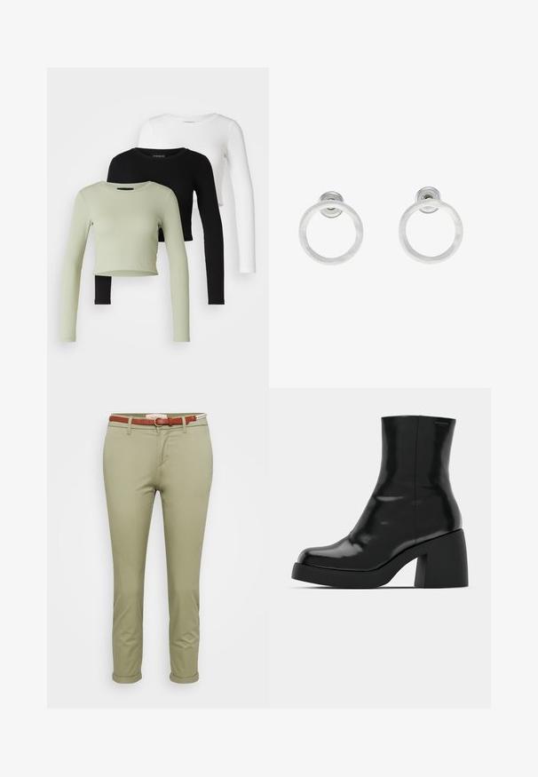 Even&Odd Petite 3 PACK - Top dugih rukava - black/white/light green; Svijetlozelene pamučne chinos hlače s preklopom, s smeškim remenom sa okruglom kopčom i oznakom na pojasu straga.; Crne gležnjače s sjajnom površinom, četvrtastim vrhom i debelim blok petama. Dizajn ima besprijekornu siluetu i minimalno brendiranje.; Srebrne metalne naušnice u obliku prstena s brušenom teksturom, s kružnim dizajnom i prozirnom vrstom kopče za sigurno nošenje.