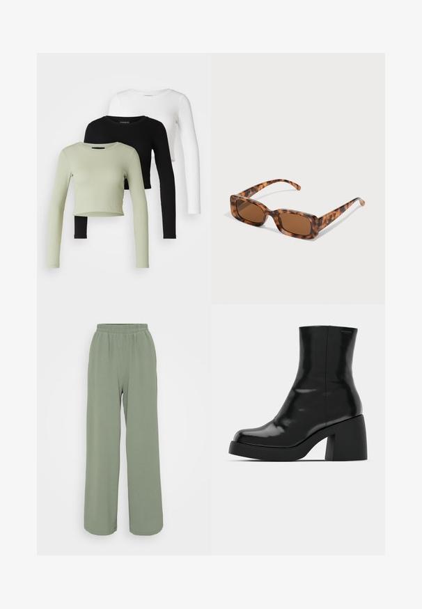 Even&Odd Petite 3 PACK - Top s dlhým rukávom - black/white/light green; Svetlozelené široké nohavice s elastickým pásom, vyrobené z textúrovanej tkaniny. Majú jemné nariasenie a voľný strih.; Čierne členkové topánky s lesklým povrchom, štvorcovou špičkou a širokým blokovým opätkom. Dizajn sa vyznačuje bezšvovou siluetou a minimálnym brandingom.; Rámik slnečných okuliarov z korytnačiny s obdĺžnikovými hnedými sklami, hrubým rámom a štíhlymi stranicami so vzorom rôznych odtieňov hnedej.