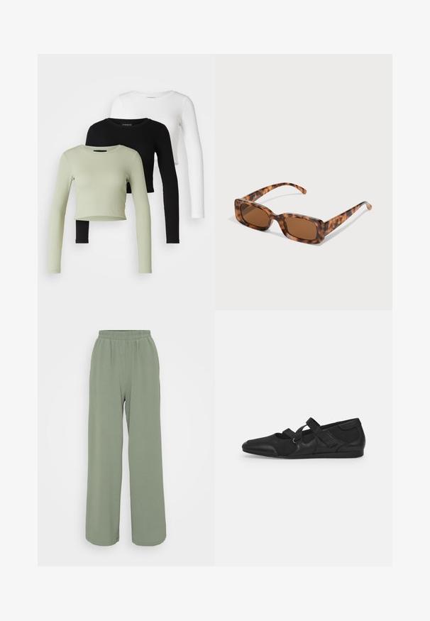 Even&Odd Petite 3 PACK - Ilgarankovis viršutinės dalies drabužis - black/white/light green; Šviesiai žali, plačiakojai kelnės su elastinga juosmena, pagamintos iš tekstūruoto audinio. Pasižymi švelniu drapavimu ir laisvu siluetu.; Juodos plokščios bateliai su minkštu, tekstūruotu viršumi, turintys dvi reguliuojamas dirželius ir apvalios noselės dizainą, sumontuoti ant plokščios gumos padais.; Vėžlio kiauto saulės akiniai su stačiakampiais rudi objektyvais, storu rėmu ir siaurais rankenėlėmis, dekoruotomis skirtingų atspalvių ruda spalva.; Sidabriniai auskarai su sklandžiu, poliruotu paviršiumi. Apvalios formos ir saugus uždarymo mechanizmas. Lengvas dizainas, tinkantis kasdieniam dėvėjimui.