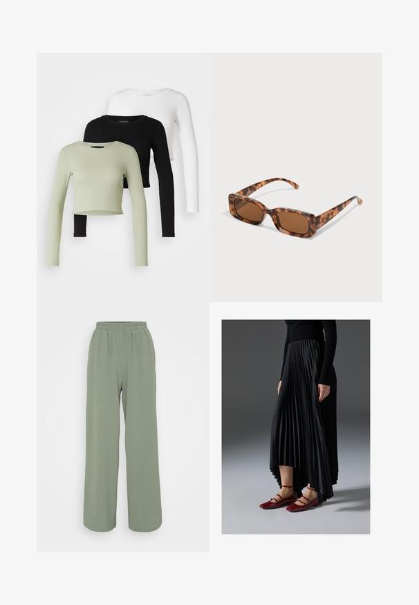 Even&Odd Petite 3 PACK - Pikkade varrukatega topp - black/white/light green; Hele roheline, laiad püksid elastse vöökohaga, valmistatud tekstureeritud kangast. Omab pehmeid langevaid detaile ja mugavat istuvust.; Mustmust seelik kõrgema ees- ja madalama taga servaga, kombineeritud läikivate punaste sussidega, millel on rihma kujundus. Kangas on sileda tekstuuriga.; Kilpkonna kestaga prillid, millel on ristkülikukujulised pruuni värvi objektiivid, paks raam ja peened käed, millel on erinevate pruunide toonide muster.