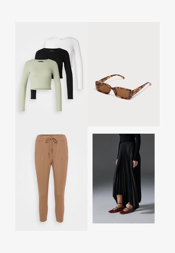 Even&Odd Petite 3 PACK - Top s dlouhým rukávem - black/white/light green; Svetle hnědé kalhoty se zúženým střihem vyrobené z měkké tkaniny, s páskem na stažení v pase, předními sklady a elastickými manžetami na kotnících.; Černá plisovaná sukně s vysokým předním a nízkým zadním lemem, kombinovaná s lesklými červenými balerínami se strapkovým designem. Tkanina má hladký povrch.; Kočičí brýle se želvovinovým vzorem, obdélníkové hnědé čočky, silný rám a úzké nožičky s různými odstíny hnědé.