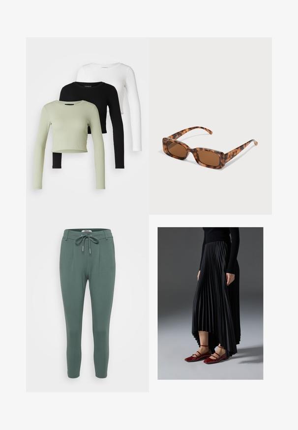 Even&Odd Petite 3 PACK - Μπλούζα με μακριά μανίκια - black/white/light green; Πράσινο, εφαρμοστό παντελόνι φτιαγμένο από μαλακό, ελαστικό υλικό. Διαθέτει ελαστική μέση με κορδόνι, πτυχές και κωνικές γραμμές. Απλός και μινιμαλιστικός σχεδιασμός.; Μαύρη πλισέ φούστα με ασύμμετρο τελείωμα, συνδυασμένη με γυαλιστερές κόκκινες μπαλαρίνες με σχέδιο λουριού. Το ύφασμα έχει λεία υφή.; Γυαλιά ηλίου σε σχέδιο χελώνας με ορθογώνιους καφέ φακούς, παχύ σκελετό και λεπτά μπράτσα που διαθέτουν μοτίβο με διάφορες αποχρώσεις του καφέ.