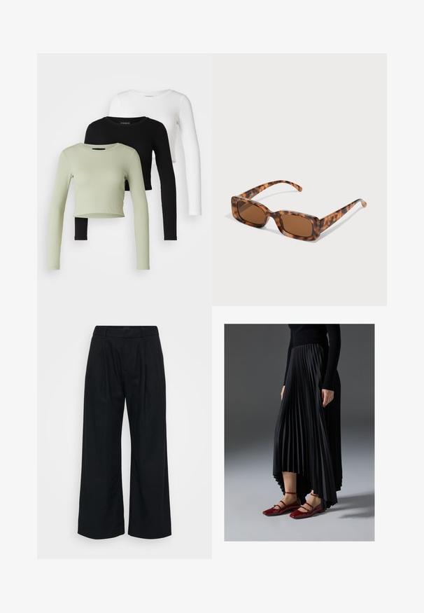 Even&Odd Petite 3 PACK - Hosszú ujjú felső - black/white/light green; Fekete, bő szárú nadrág, puha anyagból, lapos elülső résszel, látható redőkkel, és övakasztókkal ellátott derékkal.; Fekete redős szoknya, magas- és alacsony szegéllyel, fényes piros lapos cipőkkel párosítva, amelyek pántos dizájnnal rendelkeznek. Az anyaga sima tapintású.; Tarka mintás napszemüveg, téglalap alakú barna lencsékkel, vastag kerettel és vékony, különböző árnyalatú barna mintázattal ellátott szárakkal.