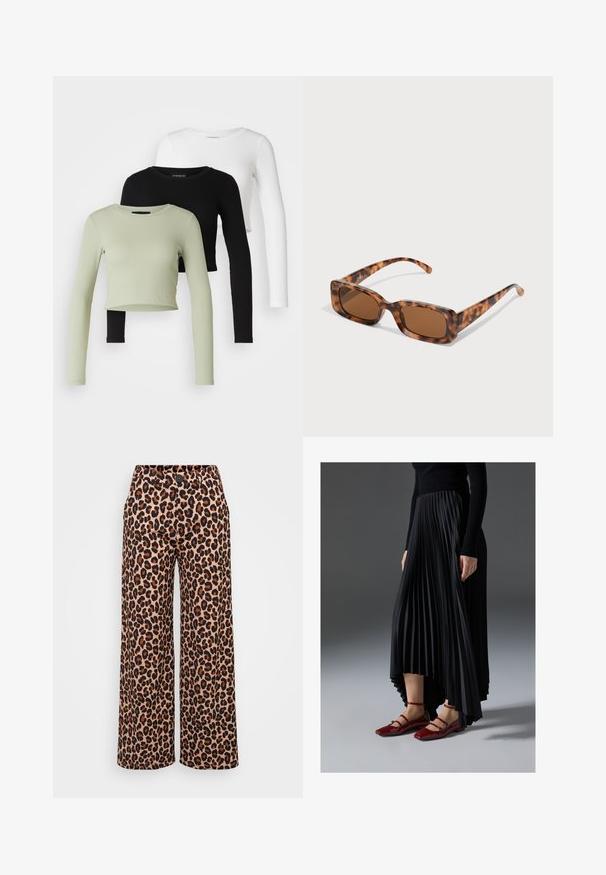 Even&Odd Petite 3 PACK - Ilgarankovis viršutinės dalies drabužis - black/white/light green; Even&Odd Petite Kelnės - brown; Juoda plisuota sijonas su aukštesniu priekiniu kraštu, derinamas su blizgiomis raudonomis plokščiomis bateliais, turinčiais dirželio dizainą. Medžiaga yra glotni.; Vėžlio kiauto saulės akiniai su stačiakampiais rudi objektyvais, storu rėmu ir siaurais rankenėlėmis, dekoruotomis skirtingų atspalvių ruda spalva.