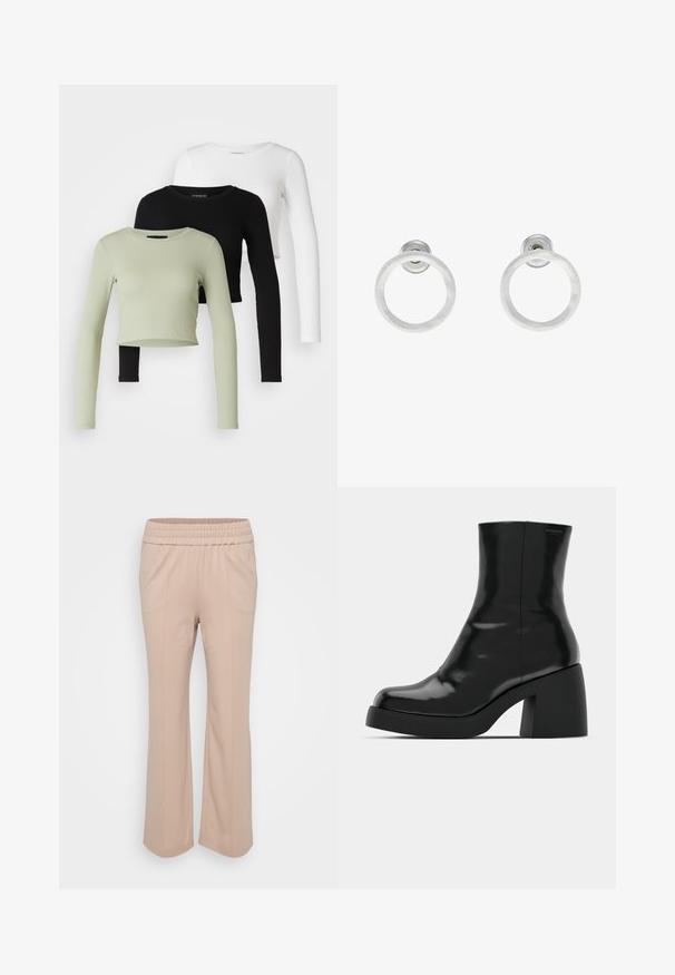 Even&Odd Petite 3 PACK - Top dugih rukava - black/white/light green; Hlače u boji svijetle bež s elastičnom oznakom u struku i ležernim krojem. Imaju vertikalne šavove i mekan, glatki materijal. Dizajn s širom nogavicom.; Crne gležnjače s sjajnom površinom, četvrtastim vrhom i debelim blok petama. Dizajn ima besprijekornu siluetu i minimalno brendiranje.; Srebrne metalne naušnice u obliku prstena s brušenom teksturom, s kružnim dizajnom i prozirnom vrstom kopče za sigurno nošenje.