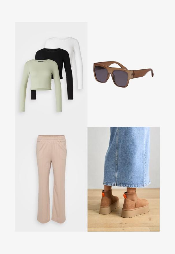 Even&Odd Petite 3 PACK - Camisola de manga comprida - black/white/light green; Calças de cor bege claro, com uma cintura elástica e um ajuste relaxado. Apresentam costuras verticais e um tecido suave e liso. Design de perna ampla.; Botas plataforma em camurça castanha com painéis laterais elásticos e puxadores laranja, combinadas com uma saia de ganga clara até ao joelho, em um chão de madeira.; Sunglasses castanhos semi-transparentes com uma armação quadrada e lentes escuras. As hastes são elegantes e ligeiramente curvas para um aspeto moderno.