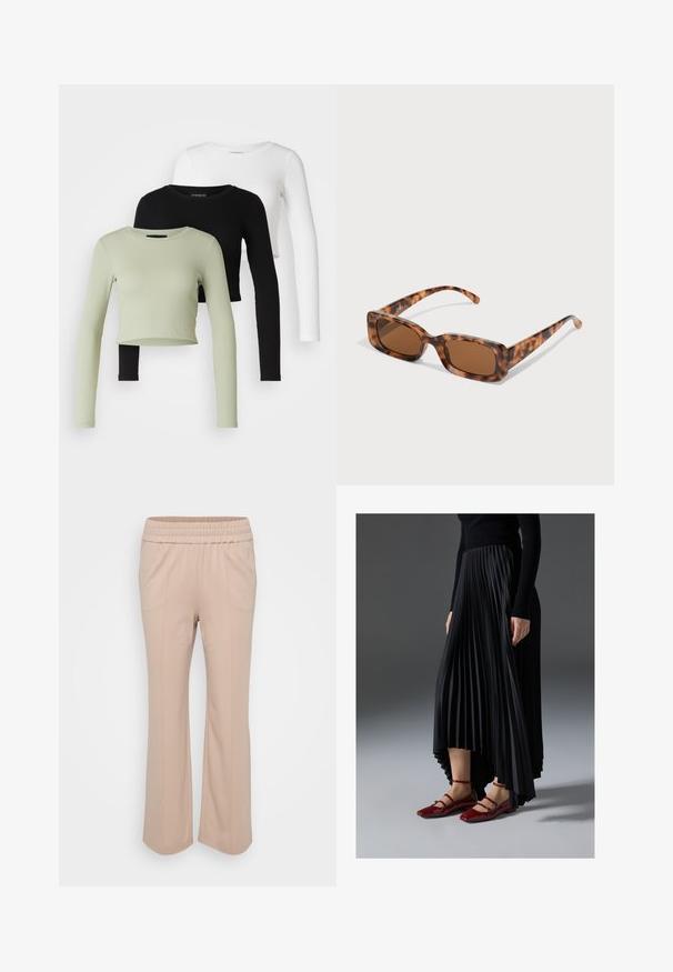 Even&Odd Petite 3 PACK - Topper langermet - black/white/light green; Lys beige bukser med elastisk liv, i en afslappet pasform. Har lodrette sømme og et blødt, glat stof. A-formet design.; Svart plissert skjørt med høy-lav hem, kombinert med glansfulle røde leilisser med stroppedesign. Stoffet har en jevn tekstur.; Skilpadde-solbriller med rektangulære brune linser, en tykk ramme og smale stenger som har et mønster av varierende nyanser av brunt.