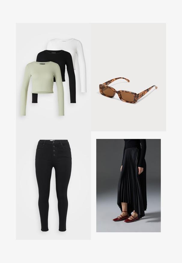 Even&Odd Petite 3 PACK - Hosszú ujjú felső - black/white/light green; Fekete farmer skinny farmerek magas derékkal, öt gombos záródással és klasszikus öt zsebes kialakítással. Sima textúra és testhezálló forma.; Fekete redős szoknya, magas- és alacsony szegéllyel, fényes piros lapos cipőkkel párosítva, amelyek pántos dizájnnal rendelkeznek. Az anyaga sima tapintású.; Tarka mintás napszemüveg, téglalap alakú barna lencsékkel, vastag kerettel és vékony, különböző árnyalatú barna mintázattal ellátott szárakkal.