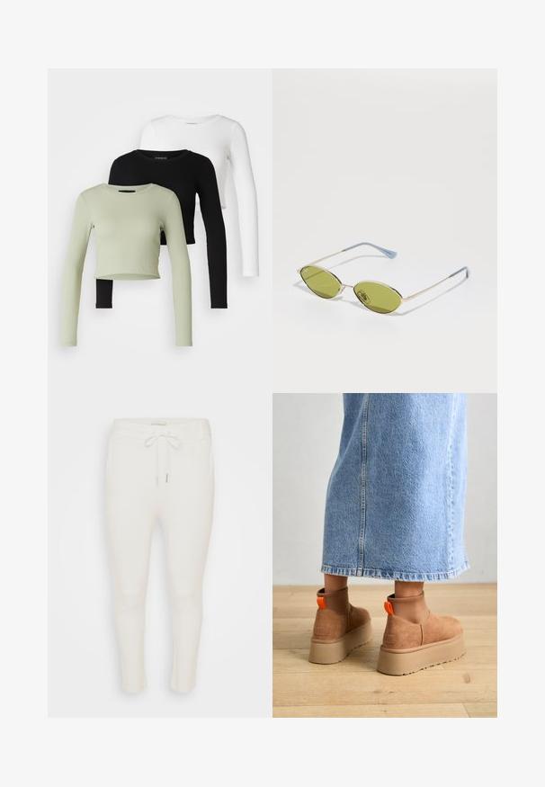 Even&Odd Petite 3 PACK - Longsleeve - black/white/light green; Witte jogpant met een elastische tailleband en verstelbare trekkoord. Gemaakt van zachte stof met een gladde textuur en een taps toelopend ontwerp.; Bruine suède platformlaarzen met elastische zijkanten en oranje trekbandjes, gecombineerd met een lichtdenim rok tot de knie op een houten vloer.; Olijfgroene zonnebril met een dunne gouden rand en armen met blauwe accenten. Ovale lenzen en een minimalistisch ontwerp.