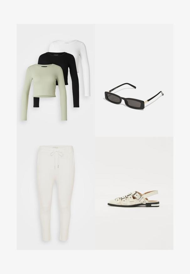 Even&Odd Petite 3 PACK - Hosszú ujjú felső - black/white/light green; Fehér sportnadrág elasztikus derékkal és állítható zsinórral. Puha anyagból készült, sima felülettel és keskenyített lábbal.; Fehér bőr slingback szandál, több széles pánttal és ezüst csatokkal; lapos talp, kis fekete sarokkal és fémes díszítésekkel.; Fekete téglalap alakú napszemüveg sötét lencsékkel, fényes műanyag kerettel, arany díszítéssel az temples. Minimalista design és elegáns forma.; Arany fülbevalók sima, fényes felülettel. Kör alakú dizájn, amely kis kapoccsal és átlátszó tartozékkal rendelkezik a biztonságos viselés érdekében.