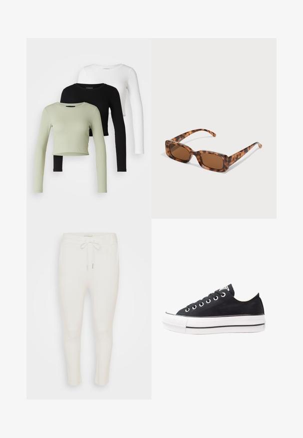 Even&Odd Petite 3 PACK - Camisola de manga comprida - black/white/light green; Calças de jogging brancas com um cós elástico e cordão ajustável. Feitas de um tecido macio com uma textura lisa e design de perna afinada.; Sapatilha preta de lona com sola de borracha branca, bico redondo, design de cano baixo, ilhós de metal e bico texturizado. Tira preta fina ao longo da sola.; Uns óculos de sol de padrão tartaruga com lentes retangulares castanhas, uma armação grossa e hastes finas com um padrão de diferentes tons de castanho.