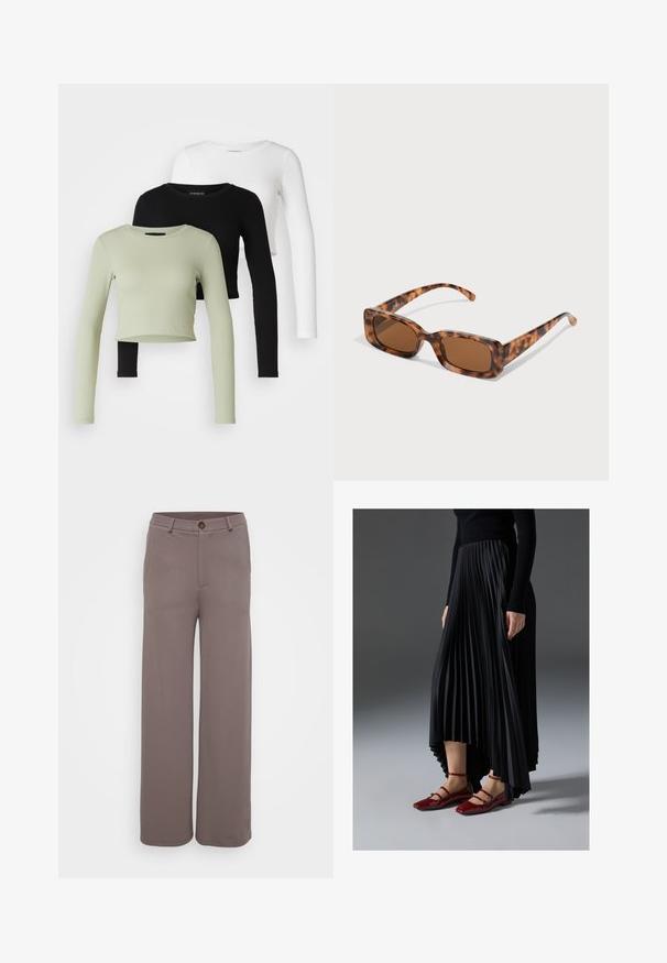 Even&Odd Petite 3 PACK - Top s dlouhým rukávem - black/white/light green; Kalhoty s širokými nohavicemi v hladké, tlumené hnědé látce s předními kapsami, zapínáním na knoflík a upraveným pasem.; Černá plisovaná sukně s vysokým předním a nízkým zadním lemem, kombinovaná s lesklými červenými balerínami se strapkovým designem. Tkanina má hladký povrch.; Kočičí brýle se želvovinovým vzorem, obdélníkové hnědé čočky, silný rám a úzké nožičky s různými odstíny hnědé.; Stříbrné kovové kruhové náušnice s broušenou texturní úpravou, s kulatým designem a průhledným záznamem pro bezpečné nošení.