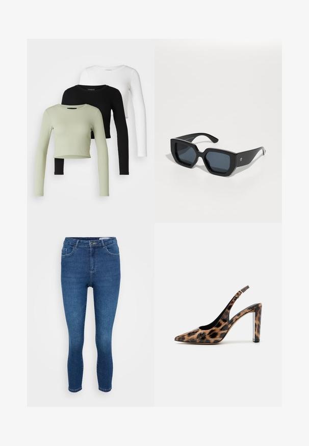 Even&Odd Petite 3 PACK - Camiseta de manga larga - black/white/light green; Jeans de mezclilla azul con un diseño ajustado, que cuentan con un estilo clásico de cinco bolsillos, cremallera y un ligero lavado que aporta textura.; Zapato de salón con estampado de leopardo y tacón de bloque transparente. Fabricado con material brillante y textura suave.; Gafas de sol negras de gran tamaño con un diseño geométrico, lentes rectangulares y un acabado brillante. Sin marca visible en la parte frontal.