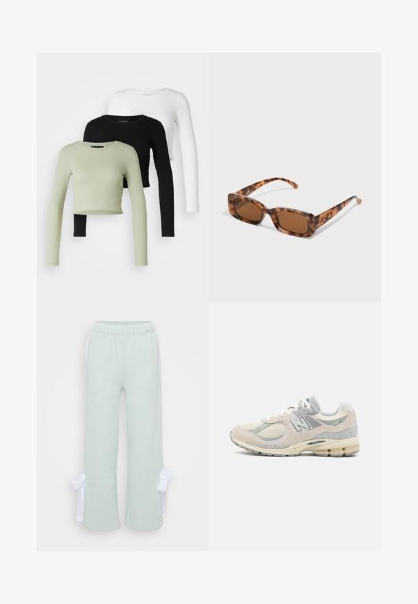 Even&Odd Petite 3 PACK - Långärmad tröja - black/white/light green; Even&Odd Petite Träningsbyxor - light green; Ljusgrå och tan New Balance-sneaker med mocka och nätmaterial, vadderad krage, tjock sula och reflekterande detaljer. Snörningsdesign.; Sköldpaddsmönstrade solglasögon med rektangulära bruna linser, en tjock ram och smala bågar som har ett mönster av varierande nyanser av brunt.