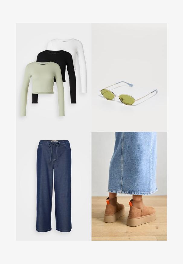 Even&Odd Petite 3 PACK - Topper langermet - black/white/light green; Mørkeblå vide bukser med snor i taljen, frontlommer og synlig hvit søm.; Brune semska plattformstøvler med elastiske sidepaneler og orange rekkehalser, parret med en knelange lys denimskjørt på et tregulv.; Olivengrønne solbriller med en tynd guldramme og blå accenter på stængerne. Ovale linser og minimalistisk design.