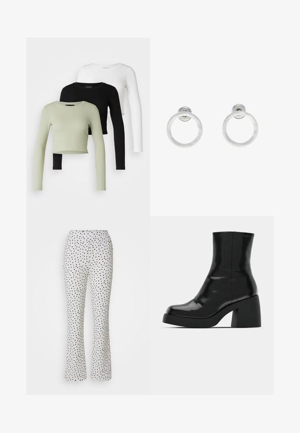 Even&Odd Petite 3 PACK - T-shirt à manches longues - black/white/light green; Pantalon blanc à pois noirs, avec un design évasé et une taille élastique. Fabriqué en tissu léger et texturé.; Bottines noires à finition brillante, bout carré et épais talon bloc. Le design présente une silhouette homogène et un branding minimal.; Boucles d'oreilles en métal argenté avec une texture brossée, présentant un design circulaire et un fermoir transparent pour un port sécurisé.
