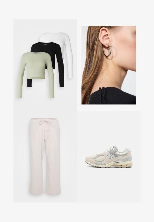 Even&Odd Petite 3 PACK - Majica z dolgimi rokavi - black/white/light green; Svetlo bež, lahki hlače iz tkanine z elastičnim pasom in vrvico. Ohlapen, širok kroj z subtilnim teksturiranim vzorcem.; Svetlo sivo-tan New Balance superge iz semiša in mrežastega materiala, oblazinjen ovratnik, debel podplat in odsevi. Zavezovanje.; Srebrna obročasta uhana s polirano površino, ki vključuje majhne zlate poudarke in okroglo obliko, nošena na ušesnem lobu.