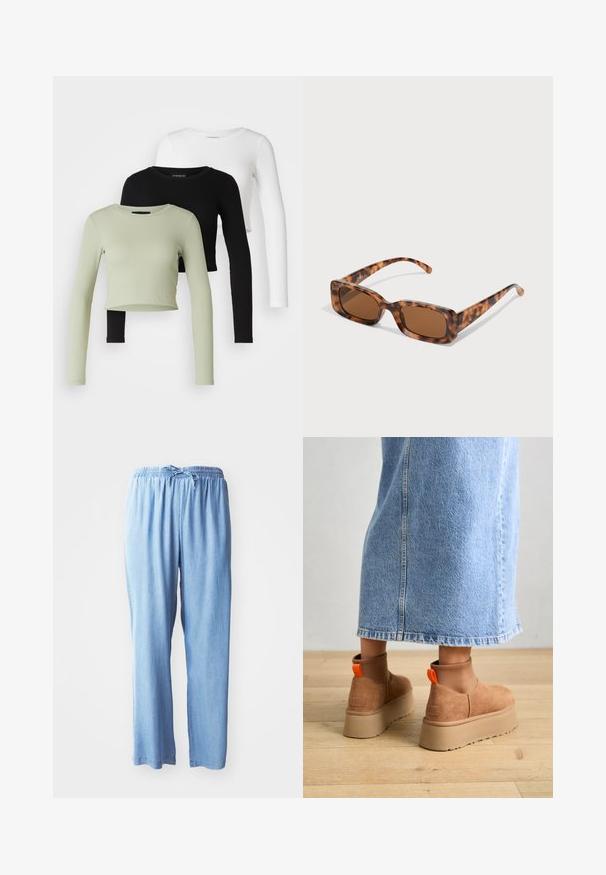 Even&Odd Petite 3 PACK - Langærmet T-shirt - black/white/light green; Lyseblå, afslappede bukser lavet af blød stof med elastisk talje og justerbar snor, med lige ben og uden lommer.; Brune ruskinds platform støvler med elastiske sidepaneler og orange trækstropper, parret med en knælang lys denimnederdel på et trægulv.; Skildpaddemønster solbriller med rektangulære brune linser, en tyk ramme og slanke arme med et mønster af varierende nuancer af brune.; Sølv hoop øreringe med en glat, poleret overflade. Rund form og sikker klik-lukning. Letvægtsdesign, der er velegnet til hverdagsbrug.