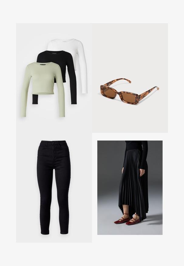 Even&Odd Petite 3 PACK - Hosszú ujjú felső - black/white/light green; Fekete, magas derékú, skinny farmernadrág, elasztikus denimből készült. Elöl gombzáras, hátul két zsebből áll. Simaság jellemzi.; Fekete redős szoknya, magas- és alacsony szegéllyel, fényes piros lapos cipőkkel párosítva, amelyek pántos dizájnnal rendelkeznek. Az anyaga sima tapintású.; Tarka mintás napszemüveg, téglalap alakú barna lencsékkel, vastag kerettel és vékony, különböző árnyalatú barna mintázattal ellátott szárakkal.