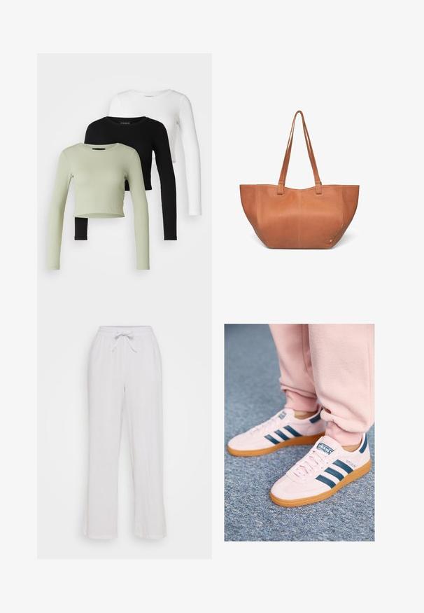 Even&Odd Petite 3 PACK - Longsleeve - black/white/light green; Witte linnen broek met een trekkoord in de taille, met een ontspannen pasvorm en rechte pijpen. Vlotte textuur, zonder zichtbare patronen of accenten.; Lichtroze suede sneakers met donkerblauwe leren strepen en een gumzool. Kenmerken zijn platte veters en branding aan de zijkant en op de tong.; Tote bag van tan leer met twee lange handvatten, ronde vorm, gladde textuur en subtiele stikdetails. Geen zichtbare hardware of accenten.