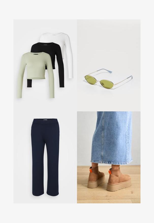Even&Odd Petite - Bluzka z długim rękawem; Granatowe spodnie o prostym kroju wykonane z elastycznego materiału, z płaskim paskiem w talii oraz dwiema bocznymi kieszeniami dla większej funkcjonalności.; Brązowe zamszowe buty na platformie z elastycznymi bokami i pomarańczowymi uchwytami, w połączeniu z jasnoniebieską spódnicą do kolan na drewnianej podłodze.; Oliwkowe okulary przeciwsłoneczne z cienką złotą ramką i niebieskimi akcentami na zausznikach. Owalne soczewki i minimalistyczny design.