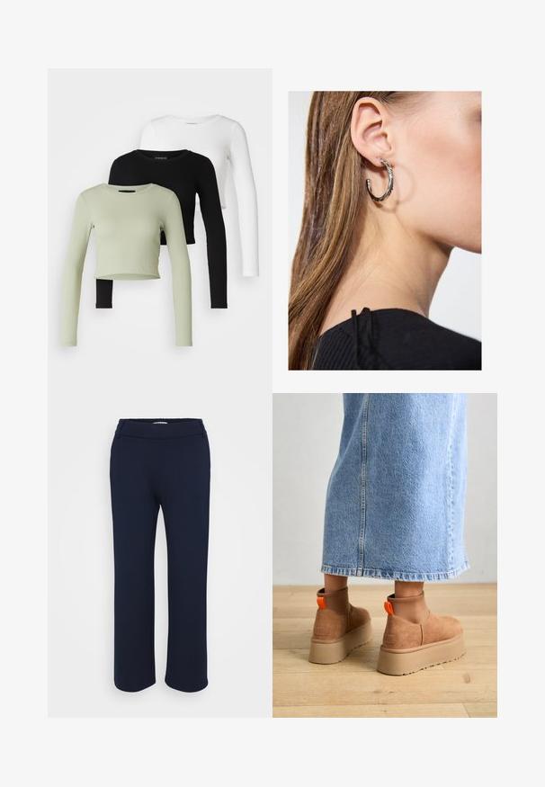 Even&Odd Petite 3 PACK - Majica z dolgimi rokavi - black/white/light green; Mornarsko modre hlače ravnega kroja, izdelane iz elastičnega materiala, z ravnim pasom in dvema stranskima žepoma za funkcionalnost.; Rjave suede platform čizme z elastičnimi stranskimi paneli in oranžnimi zankami, v kombinaciji s svetlobno denim krilom do kolen na lesenem tleh.; Srebrna obročasta uhana s polirano površino, ki vključuje majhne zlate poudarke in okroglo obliko, nošena na ušesnem lobu.