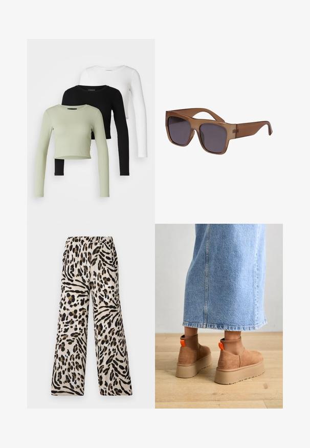 Even&Odd Petite 3 PACK - Longsleeve - black/white/light green; Leopardprint wijde broek met een relaxte pasvorm, gemaakt van een zachte, lichte stof in beige, zwart en bruine tinten. Elastische tailleband.; Bruine suède platformlaarzen met elastische zijkanten en oranje trekbandjes, gecombineerd met een lichtdenim rok tot de knie op een houten vloer.; Bruine semi-transparante zonnebril met een vierkant montuur en donkere lenzen. De armen zijn slank en licht gebogen voor een moderne uitstraling.
